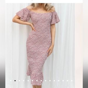Petal and Pup Shirred Bodycon Off Shoulder Midi Dress